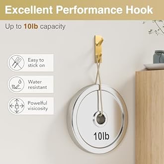 Gold Self Adhesive Wall Hooks for Hanging Towels, Coats, Purses, Jackets, Hats - Strong Stick On Hangers for Door, Bathroom, Dorm, RV, Kitchen, Closet, Shower - Metal, 4 Pack