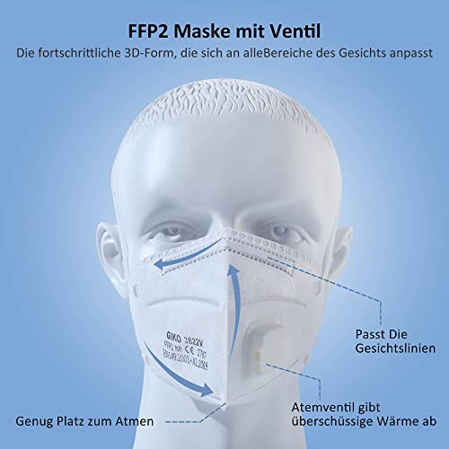 GIKO FFP2 Maske mit Ventil 20 stück weiß FFP2 Masken FFP2 Atemschutzmaske 5 Schutzschichten Schutz FFP 2 Kopfband Gesichtsmasken – Bild 5