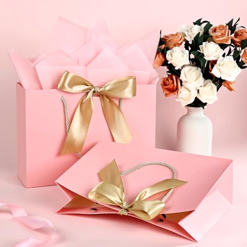 Image of JMANNI Mothers Day Gift Bags with Handles, 11 inch Small Gift Bag for Presents, 2 Pcs Bags with 4 Tissue Paper and 2 Cards for Baby Shower Wedding Bridal Shower Mother's Day Birthday Party (Pink)