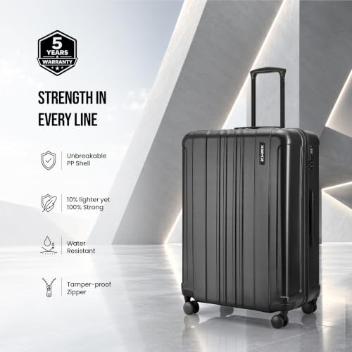 Image of HRX Force Medium Size Charcoal Grey Polycarbonate Hard Shell Suitcase - Premium Travel Trolley Bag with 8 Spinner Wheels, Number Lock & Water Resistant Body