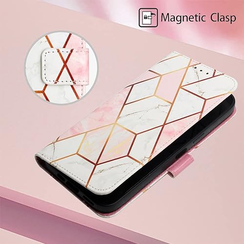 Image of ClickCase Marble Series Faux Leather Back Case Card Holder Wallet with Magnetic Closure Flip Cover for iPhone 15 Plus (Pink White)