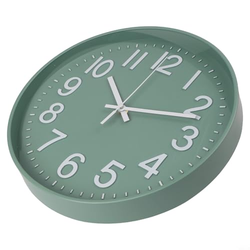 Shophubio Horloge murale silencieuse de 30 cm avec mouvement sans tic-tac, cadran en verre de 12" et grands chiffres arabes 3D - Design moderne vert/blanc, corps en résine ABS pour la maison