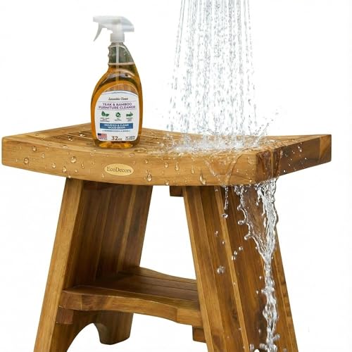 EcoDecors Serenity Teak Shower Bench – 18 Inch, Natural Finish, 300 Pound Capacity Safe & Stable Seating + Loveable 32 oz Teak Cleaner Spray Bottle