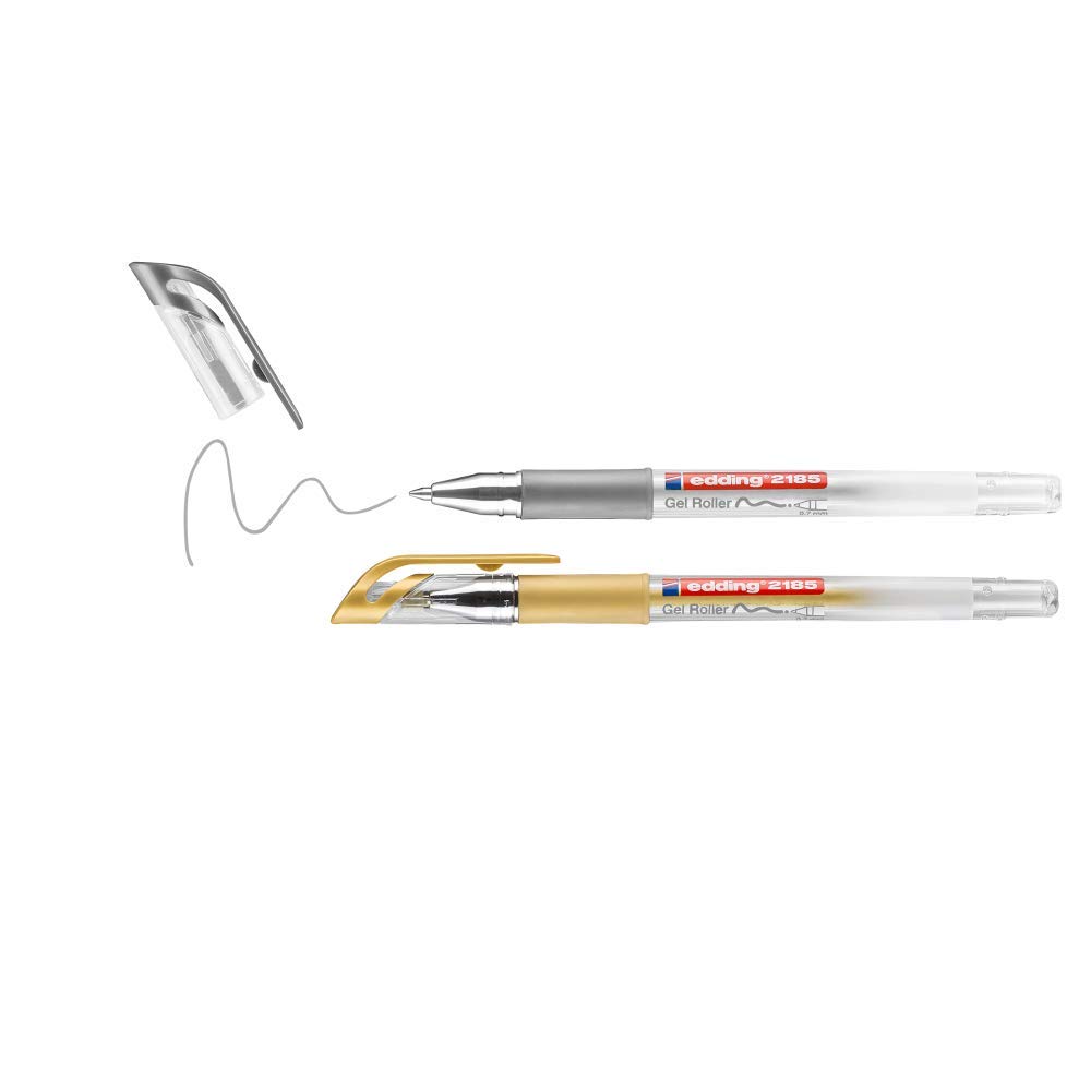 Edding 2185 Gel Roller - Gold, Silver (Metallic) - Pack of 2 - 0.7 mm - for Writing, Drawing, Colouring Mandalas, Bullet Journals - Glitter Gel Pen