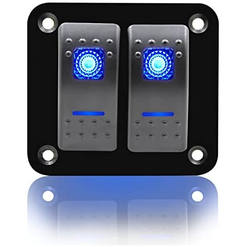 FXC Rocker Switch Aluminum Panel 2 Gang Toggle Switches Dash 5 Pin ON/Off 2 LED Backlit for Boat Car Marine Blue Cover