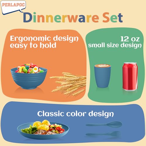 Image of Wheat Straw Dinnerware Sets for 4, Reusable Plastic Dinner Plates, Unbreakable Kids Plates and Bowls Sets 20 PCS, Dishwasher & Microwave Safe Kitchen Camping Dorm Dish Sets- Blue