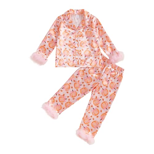 Kuriozud Toddler Girl Halloween Pajamas Pumpkin Silk Satin Sleepwear Little Girls Bow Pjs Baby 2Pcs Halloween Pajama Set