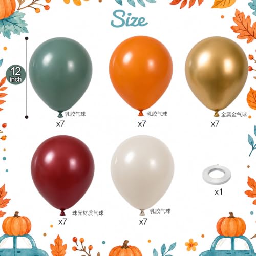 Image of Fall Balloons, 12 Inch Burnt Orange Burgundy Sage Green Gold Balloon | Terracotta Orange Maroon Sage Green Sand White Latex Balloons Metallic Gold Balloon for Fall Thanksgiving Friendsgiving Party