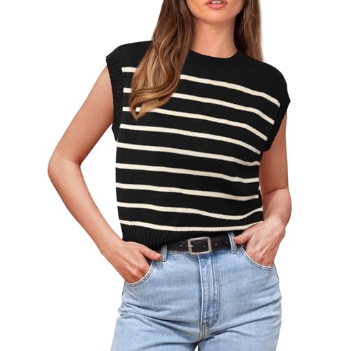Image of Wowcarbazole Women's Striped Sweater Vest Summer Sleeveless Crew Neck Pullover Knit Tops Casual Trendy Crop Top