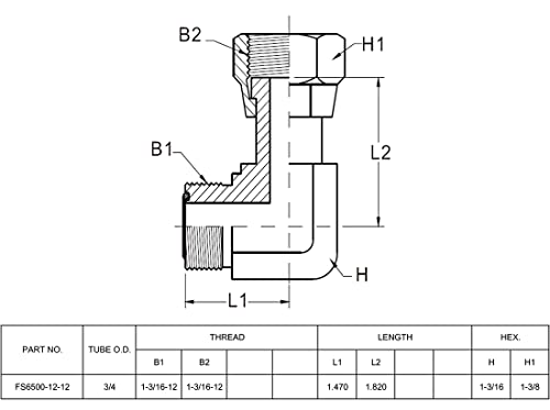 Image of FS6500-12-12 Hydraulic Adapter Fitting 3 /4 inch Male O-Ring Face Seal(1-3 /16 inch-12 NPT) x 3 /4 inch Female O-Ring Face Seal Swivel Nut(1-3 /16 inch-12 NPT) 90Pipe Joints Elbow /Corner Carbon Steel