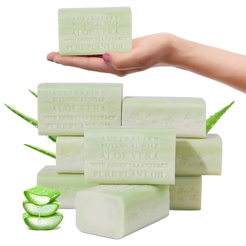 Australian Botanical Soap 6.6 OZ Aloe Vera and Green Tea Extract Triple Milled Bars made with a Natural Soap Base and Enriched with Organic Shea Butter Pack of 8