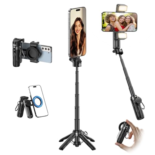 For MagSafe 軽量 自撮り棒コンパクト スマホ カメラグリップ マグネット吸着 クリップ 【4脚設計】【全方位360°回転・225°可?】5段階伸縮 Bluetooth Selfie Stick iPhone Androidに対応磁気三脚 スマホ