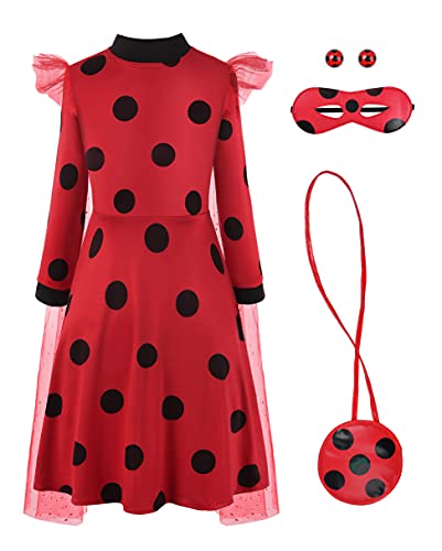 ReliBeauty Dress for Girls with Mask and Bag Ladybug Costume for Kids Long sleeves Dress Up Costume Birthday Halloween Christmas,2T-3T/100
