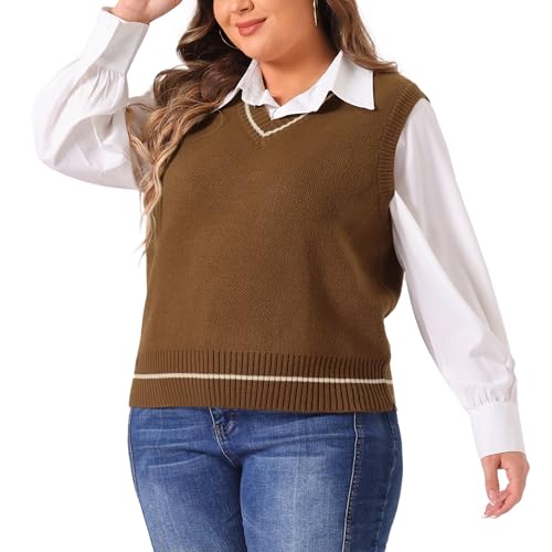 Image of Agnes Orinda Plus Size Sweater Vest for Women V Neck Stripe Cable Knit Sleeveless Pullover Sweater Vest