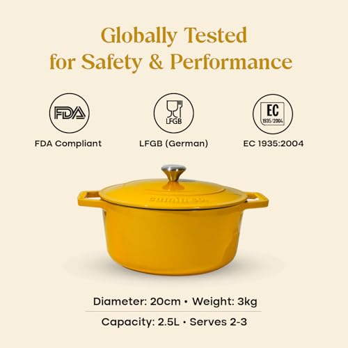 Image of CUMIN CO. Cast Iron Dutch Oven 2.5L, 20 cm | Induction Base Cookware | 10 Years Warranty | Non Toxic Non Stick Biryani Pot with Lid | Heavy Bottom | Chemical Free Coating | Free Accessories | Mustard