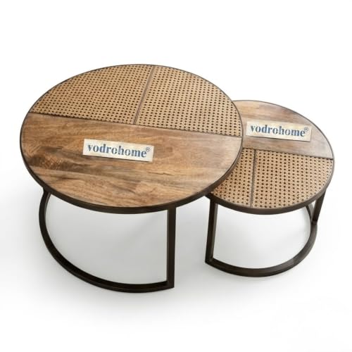 Image of Cane Nesting Coffee Table - Rattan Round Centre Table with Storage - Set of 2 Mango Wood Center Table C#048