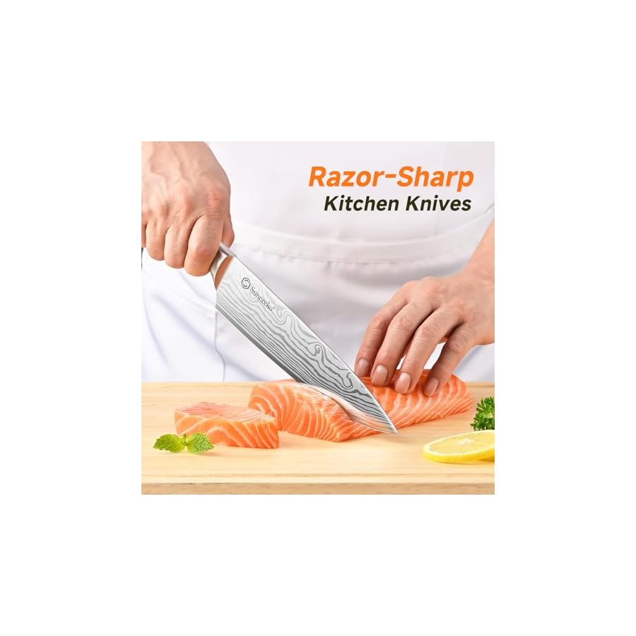 Sunnecko Knife Set with Block and Sharpener, 15 Piece Kitchen Knife Block Set Sharp Kitchen Knives High Carbon Stainless Steel with White Handles