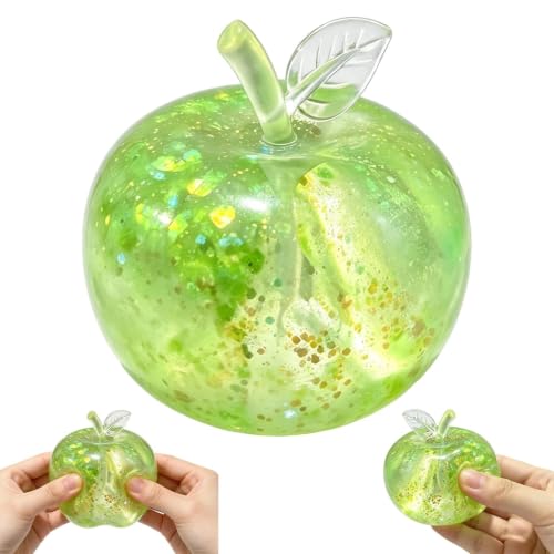 Apfel Anti Stressbälle Grün mit Feinem Glitzer, Anti Stress Spielzeug(6cm) | Weiches Tpr-Material, Praktisches Anti-Stress-Spielzeug für BüRo und Unterwegs, Dekoratives Schreibtisch-Accessoire
