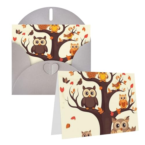 AQRJKHD 漫画 家族 フクロウ 茶色の木の上 サンキューカード 封筒付き グリーティングカード Happy Birthdayカード 女性用 男性用 空白のノートカード あらゆる機会のグリーティングカード 結婚式、ベビーシャワー用