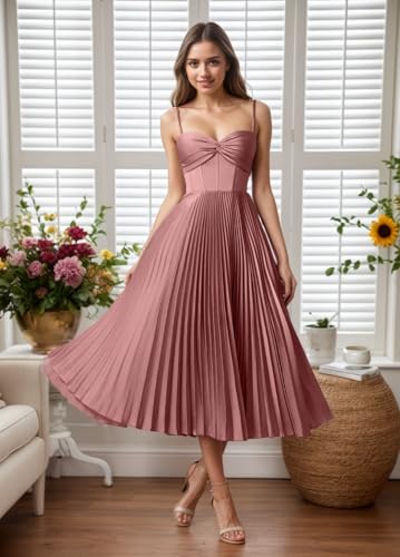 Spaghetti Straps Bridesmaid Dress for Womens Satin Pleated A-Line Midi Prom Dress for Formal Evening Party4