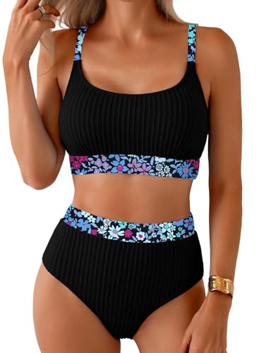 Image of Herseas Women's Textured Bikini Sets Floral Print Trim Scoop Neck Swimsuits High Waisted Bathing Suits