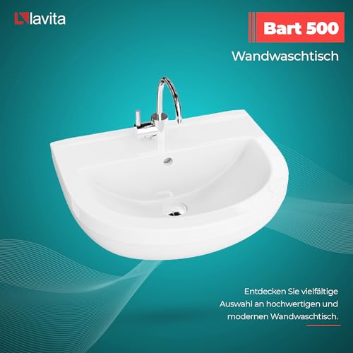 LAVITA Hängewaschbecken Bart | Waschbecken hängend | Waschtisch Rund | Waschbecken mit Überlauf und Hahnloch | Hochwertige Keramik | Badezimmer | 50,5x42x19 cm | Weiß Glanz – Bild 3