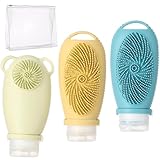 DORMIYA 3 PCS Silicone Travel Bottles, 100 ml Leak-Proof Refillable Toiletry Containers with Massage Brush & PVC Zipper Bag, Squeezable Bottles for Shampoo, Body Wash & Facial Cleanser
