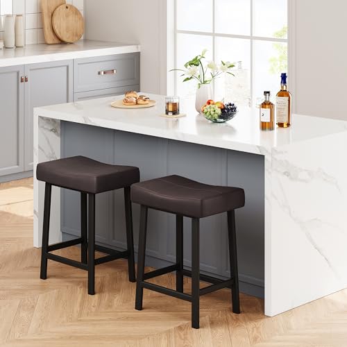 IDEALHOUSE Set de 2 Butacos Elegantes de 24 Pulgadas sin Respaldo, Asiento Curvado Tapizado en PU Leather con Estructura Metálica y Reposapiés para Cocina o Bar en Casa (Marrón) miniatura 6