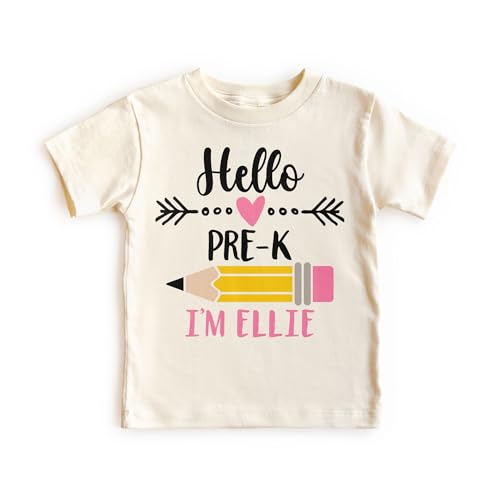Hello Pre-K Personalized Shirts For Girls - Custom Name Back To School Pencil Pre Kindergarten Outfit - Cute Gift For First Day Of School Announcement - Natural Toddler & Youth T-Shirt