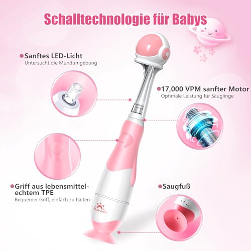 Elektrische Zahnbürste Kinder Baby Zahnbürste Kinderzahnbürste Elektrisch ab 1 2 3 Jahre mit Fingerzahnbürste, Süße Schutzhülle, LED-Licht, 2 Minuten Timer, Saugnapf für Kleinkind (Rosa Astronauten) – Bild 5