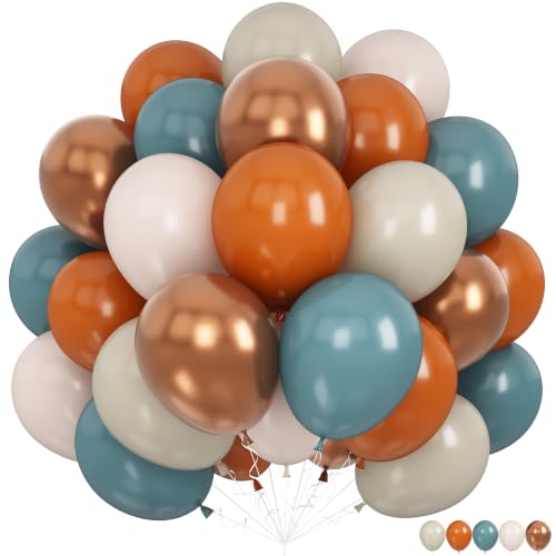 Image of Orange and Blue Balloons, 12 Inch Burnt Orange Dusty Blue Copper Balloon | Retro Fall Color Terracotta Metallic Copper Sand White Beige Latex Balloons for Boys Little Pumpkin Fall First Rodeo Western