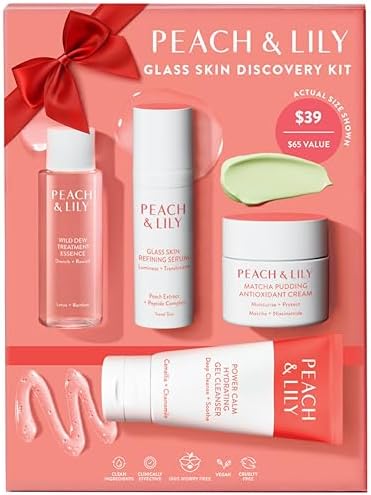 Peach & Lily - Glass Skin Discovery Kit (4 Products) - 1 Cleanser, 1 Essence, 1 Serum & 1 Cream - Skin Care Set - Acne Routine - Travel Essentials - Self Care - Vegan & Cruelty Free - Korean Beauty