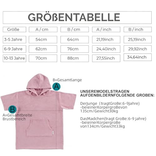 InfiniZer Badeponcho Kinder aus 100% Korallen-Samt - Saugstarker Bademantel Kinder Frottee mit Kapuze & Tasche (DE/NL/SE/PL, Alter, 6 Jahre, 9 Jahre, Regular, Altrose)