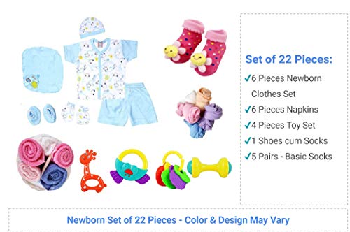 Image of 22 Piece Set - New Born Baby Gift Set for 0-6 Month Baby (Clothes, Napkin, Socks and Toys) (22 Pieces Pack)