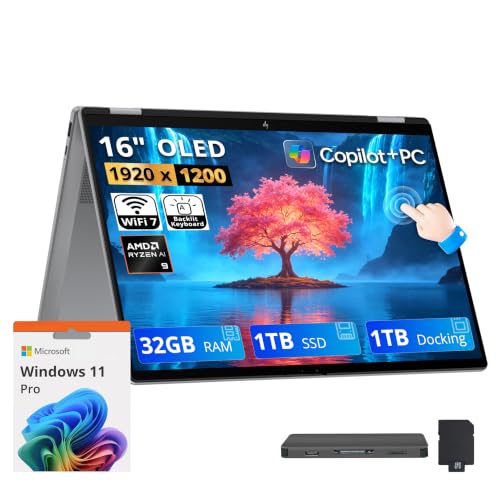 Image of HP OmniBook X Flip 2-in-1 Copilot+ PC Laptop, 16 inch FHD+ OLED Touchscreen, AMD Ryzen AI 9 465, 32GB LPDDR5X, 2TB Storage (1TB SSD+1TB Docking Station), Backlit Keyboard, Wi-Fi 7, Win 11 Pro, Silver