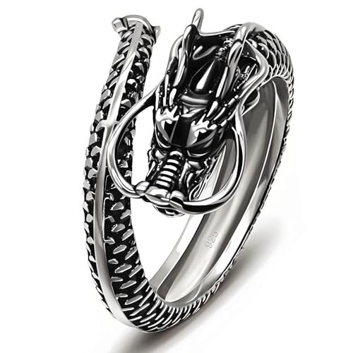 Solid 925 Sterling Silver Two-Tone Blackened Dragon Ring, One Size Adjustable Open Ends Ring for Men