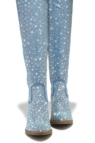 Atuelang Women's Rhinestone Cowboy Boots Sparkly Knee High Boots Fashion Pointed Toe Block Heel Mid Calf Cowgirl Short Ankle Booties3