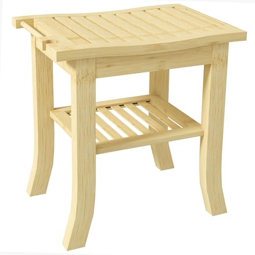Taburete de Ducha de bambú con Estante de Almacenamiento, toallero Dim. 42 x 29 x 43 cm, Natural