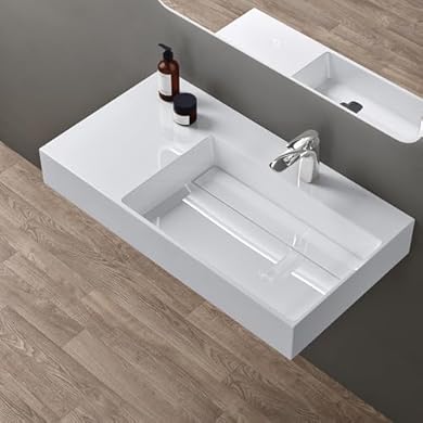 Foto di doporro Lavabo Bagno Sospeso Lavabo da Appoggio Rettangolare in Marmo Resina Bianco Lucido, Vasca a Destra 100x48x13 cm con 1 Foro Rubinetto e Piletta Scarico, Colossum12