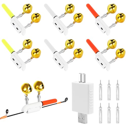 OneNine Détecteurs de touche de pêche, lot de 6 alarmes de pêche avec chargeur, pêche avec lampe de poche LED, bâton lumineux pour la pêche, alarme de...
