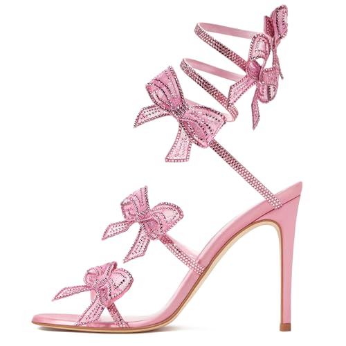 Yolkomo Women's Rhinestone Stiletto High Heel Sandals with Crystal Bow Sexy Wrap Around Sparkly Dressy Party Prom Wedding Heels2