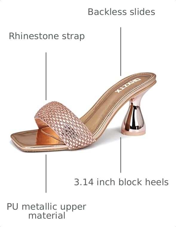 Image of Women's Square Open Toe Kitten Heel Mules, Rhinestone Sandals