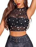 Avidlove Women Camisole Tops Sexy Mesh Tank Top See Through Undershirts Sheer Clubwear Silver Star Print Small