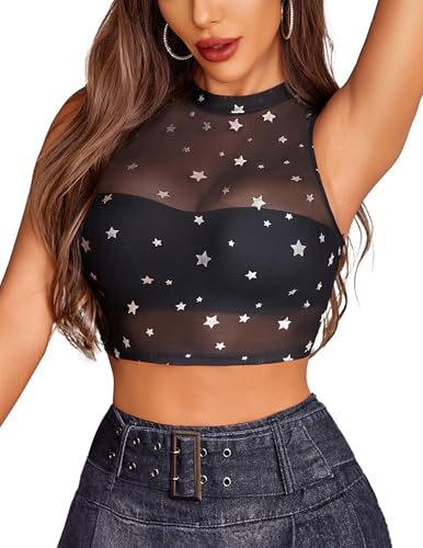 Avidlove Women Camisole Tops Sexy Mesh Tank Top See Through Undershirts Sheer Clubwear Silver Star Print Small