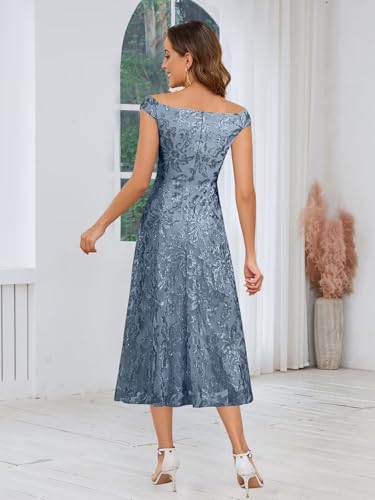 Tea Length Mother of The Bride Dresses Off Shoulder Sequin A-Line Formal Evening Dress for Women3