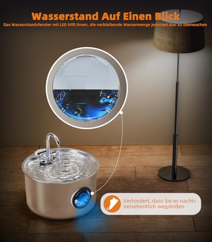 UPAWPIA 3.2L Katzenbrunnen Edelstahl mit 3 Filtern Trinkbrunnen für Katze Katzenbrunnen für Katzen mit Wasserstandsfenster Ultra leise Wasserbrunnen für Katzen Cat Water Fountain mit LED Licht