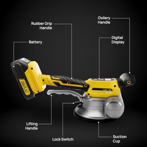 Image of TOMAHAWK TLM-2450 Cordless Tile Vibrator with Suction Cup | 135mm Vacuum Base | 6 Speed Levels | 50kg Vertical Load | 600X600mm Tile Support | Dual 20V 3Ah Battery (Yellow)
