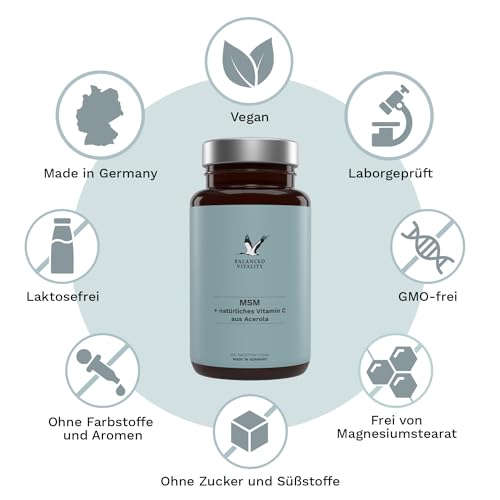 MSM + Vitamin C - 2000mg Methylsulfonylmethan + natürliches Vitamin C (Acerola) - 365 vegane Tabletten für 6 Monate - ohne Zusatzstoffe - laborgeprüft - Balanced Vitality