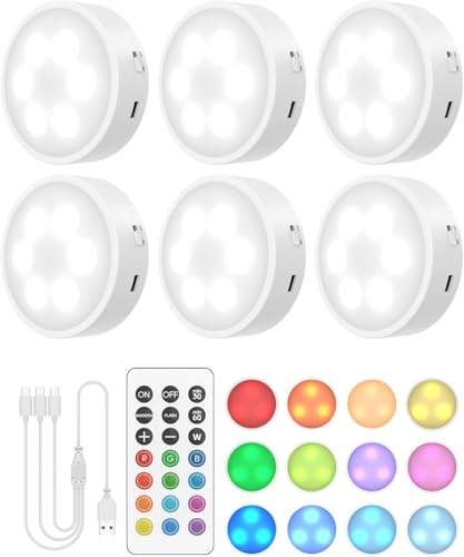 GOODEA.fun Kabellose Vitrinenbeleuchtung - Aufladbare 3 RGBW Puck Lights mit Fernbedienung Timer - 13 Farben Dimmbare LED Unterbauleuchten -Magnetisch Akku Schrankbeleuchtung Schrankleuchten 6 Stück