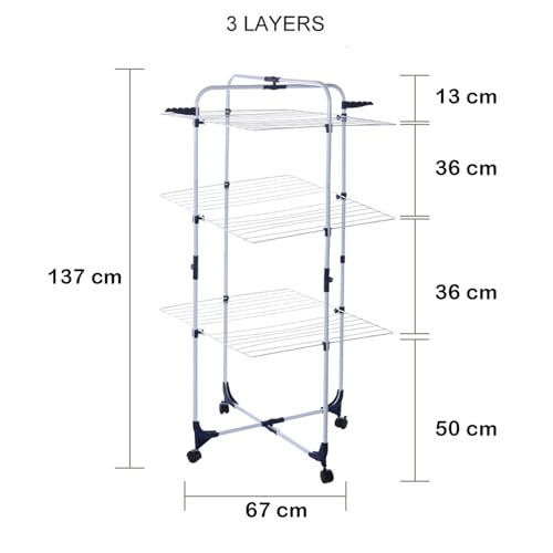 Image of Lukzer Premium 3-Tier Foldable Clothes Drying Rack with Wheels | Portable Laundry Stand for Indoor, Balcony, Apartment | Space-Saving Multi-Layer Cloth Hanger, Heavy-Duty 135x67 cm CH-467
